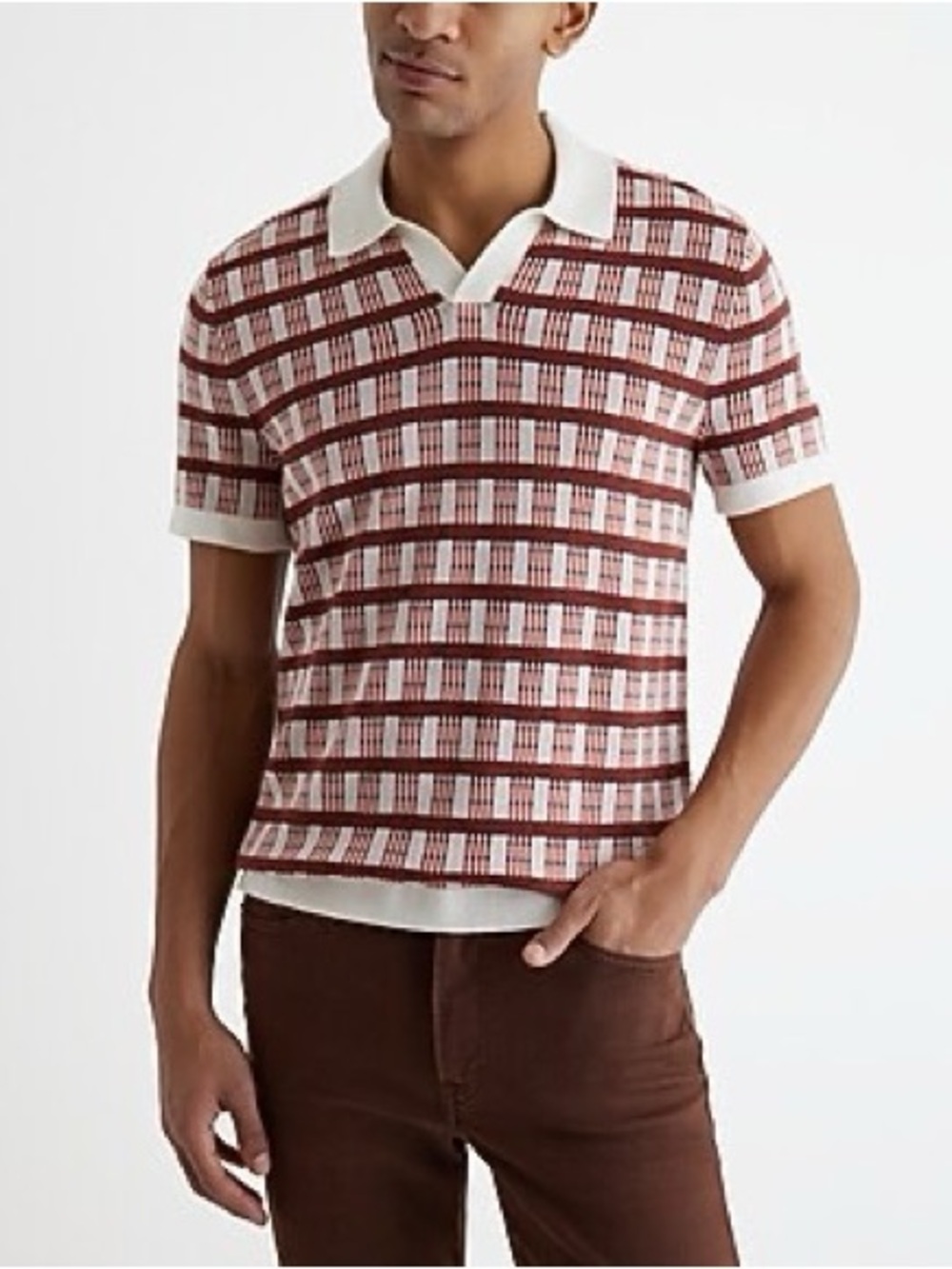 NWOT Express Grid Striped Johnny Collar Cotton Sweater Polo Orange